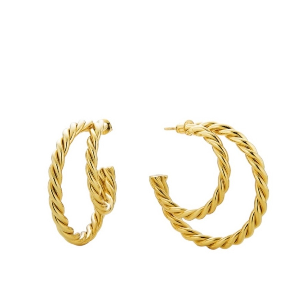 NEW Rendor Victoria Yellow Gold Plated Twisted Double Hoop Earrings - Picture 2 of 3